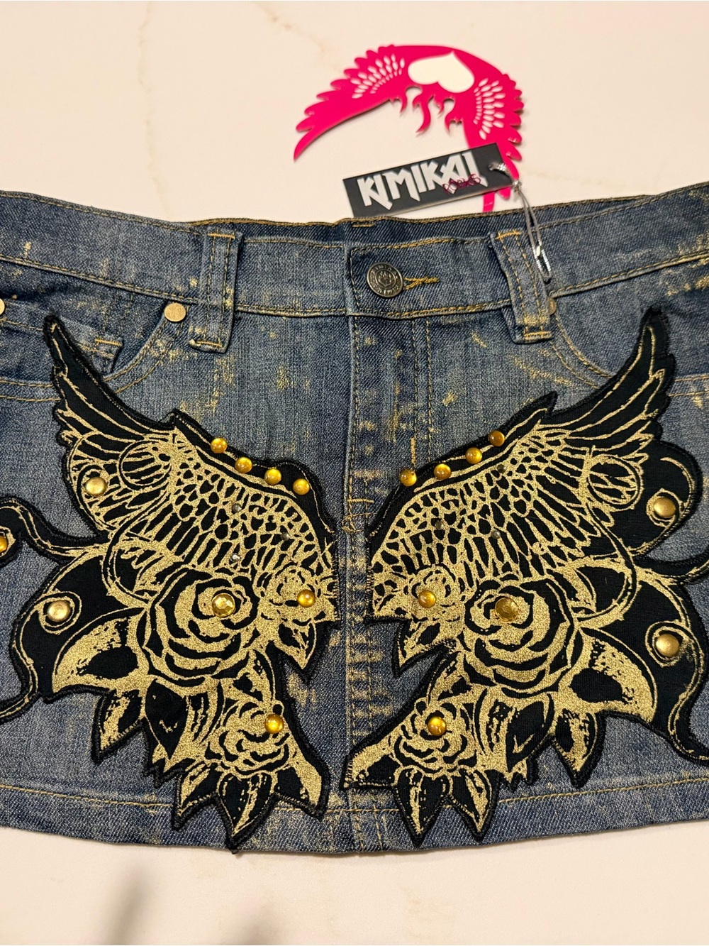 NWT KIMIKAL Embellished Denim Mini Skirt with Gold Wing Appliqué